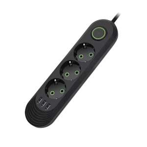 3-Way Power Strip with 3 USB Ports, Black, 2500W