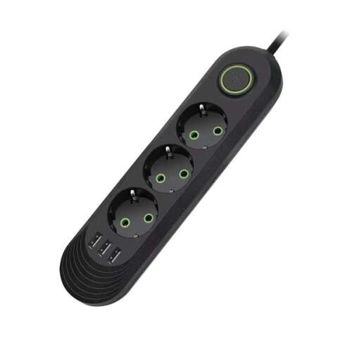Black power strip with 3 AC outlets and 3 USB ports