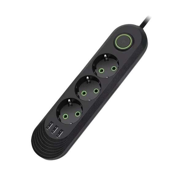 3-as Hálózati elosztó 3 db USB csatlakozóval, Fekete, 2500W