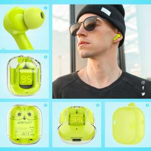 Acefast T6 green TWS earphones collage: earbuds, charging case, in-ear view - ACEFAST