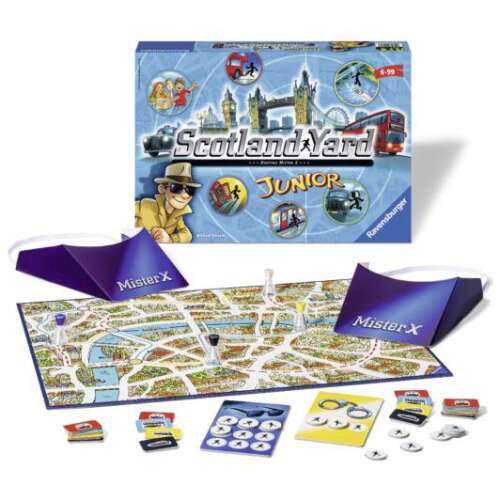 Scotland Yard Junior társasjáték: játéktábla, doboz, Mister X álarcok és játékdarabok