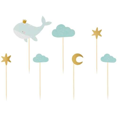 7 db bálna, felhő, hold és csillag muffin dísz, baba zuhany torta dekoráció