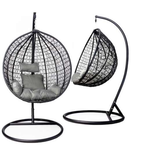 Gordon Premium großer Hängesessel, schwarzer Rahmen, graue Kissen, Gartenmöbel