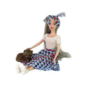 Emily doll with cat, gray hair, white top, blue and red skirt, white shoes, brown cat - Nonbrand Baba
