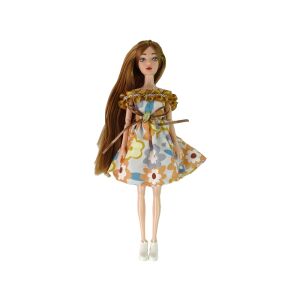 Emily doll with long red hair and floral dress on white background - Lean Toys