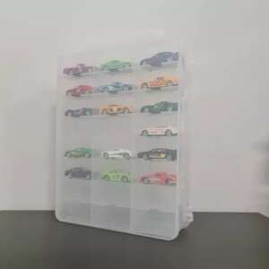 Clear plastic toy car storage box with 46 compartments, holding toy cars - Toy Storage Shelves & Organizer