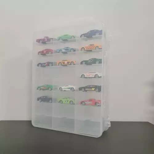 Clear plastic toy car storage box with 46 compartments, holding toy cars