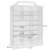 Clear plastic toy car storage box with 46 compartments, dimensions in cm