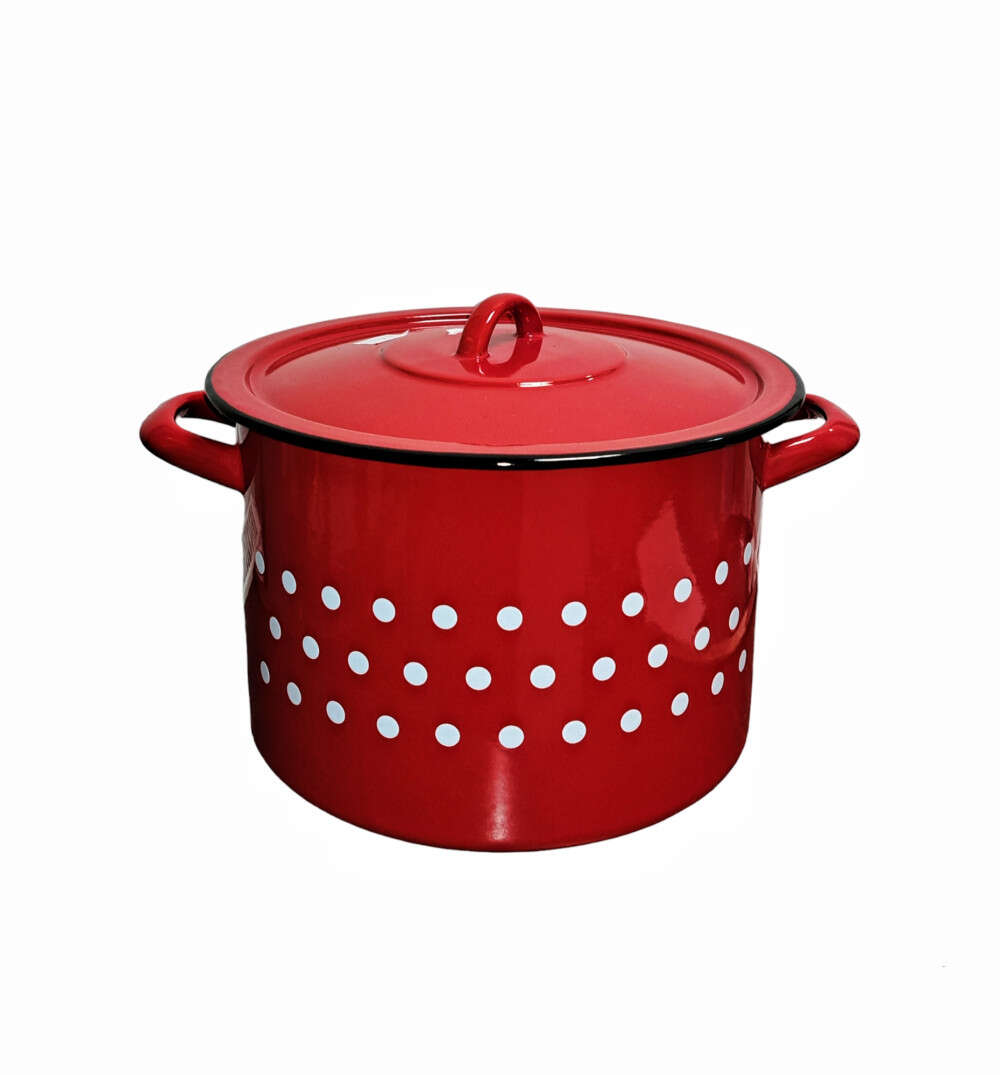 Bonyhádi Zománcozott Fazék - Piros Pöttyös - 14 cm