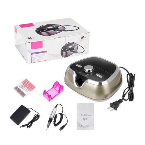 Profi műköröm csiszológép készlet M3, arany szín, design győztes, lábpedállal, fúrófejekkel, állvánnyal és adapterrel