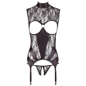 Abierta Fina fekete csipkés és fényes nyitott felső pántokkal és harisnyatartó övvel, elülső nézet - Abierta Fina