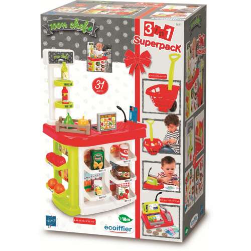 Zestaw do zabawy Ecoiffier 3 w 1 Superpack, kompletny zestaw do zabawy w sklep spożywczy dla dzieci, zawiera kasę fiskalną, wózek na zakupy, jedzenie i wiele innych