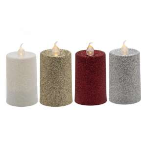 Set of 4 LED candles, white, gold, red and silver glitter finish, flickering flame effect - Candle