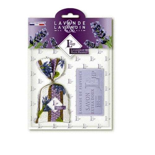 Lavande & Lavandin Levendulával töltött Lavande zsák 18g+levendulaszappan 100g ajándékcsomag levendula illatú zsákkal és levendula szappannal