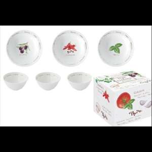 Zestaw 3 porcelanowych misek kuchennych Easy Life-Nuova, 10 cm, w pudełku, z motywami oliwek, papryczek chili i bazylii - Obsługa