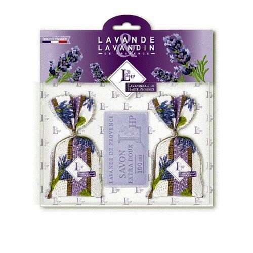 Lavande Lavandin de Provence levendula illatú zsákok és szappan ajándékcsomag, 2 zsák, 18g-os, és 100g szappan