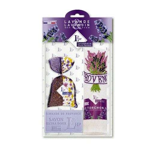 Lavanderaie de Haute Provence Levendula ajándékcsomag illatos zsákkal, szappannal és hímzett kéztörlővel