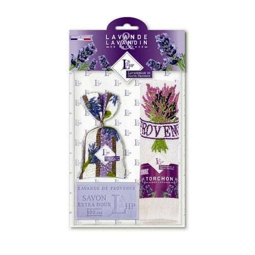Lavande de Provence levendula ajándékcsomag illatos tasakkal, szappannal és hímzett kéztörlővel