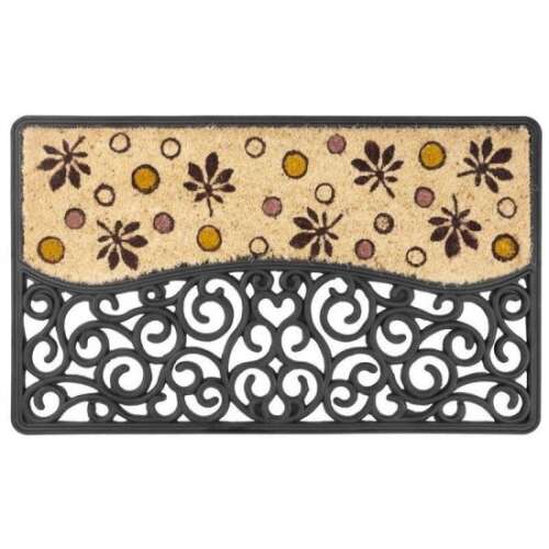 Oldstyle doormat with a black rubber frame and a beige and brown leaf design