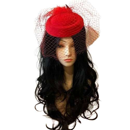 Alkalmi arcfátylas hajpántos kalap tolldíszes arcfátyol fejdísz PIROS