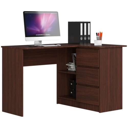 Corner desk with drawers and shelves, wenge color, modern style, for home office, study, or bedroom
