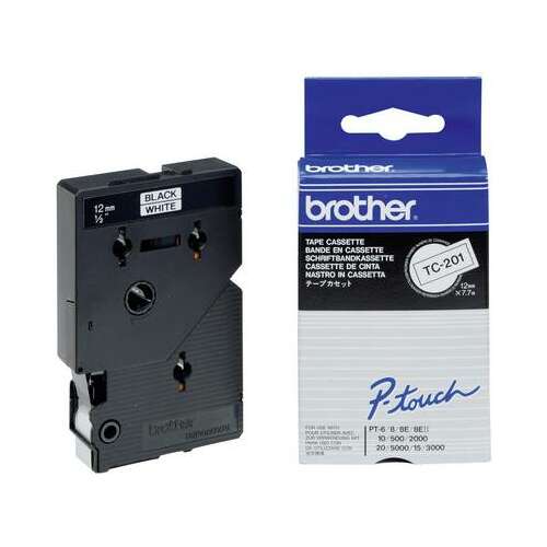 Brother P-touch TC-201 laminated tape cassette, black on white, 12mm wide, 7.7m long