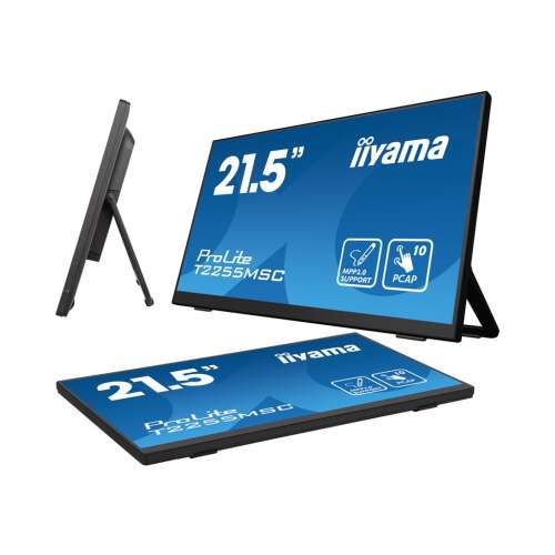 iiyama ProLite T2255MSC 21,5 hüvelykes IPS LED monitor érintőképernyővel, oldalnézet és elülső nézet - Iiyama