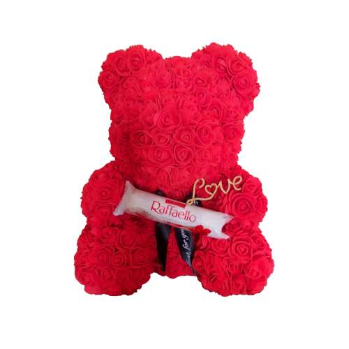 RÓZSA MACI RAFFAELLO DESSZERTTEL "LOVE" ÖRÖK VIRÁG MACI, HABRÓZSA DÍSZDOBOZBAN - PIROS 40 CM