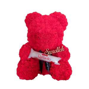 Piros rózsaszál maci Raffaello csokoládéval és "Szeretlek" felirattal, 40 cm - Ajándék ötlet Valentin-napra