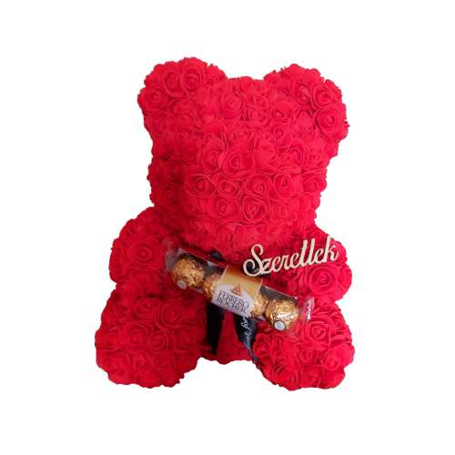 Vörös rózsaszőrű maci Ferrero Rocher csokoládékkal, "Szeretlek" felirattal, 40 cm