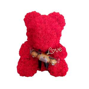 Piros rózsaszál maci Ferrero Rocher csokoládékkal, 'Love' felirattal, 40cm - Ajándék ötlet Valentin-napra
