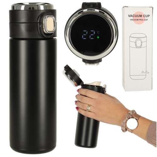Black stainless steel thermos with LED temperature display and drinking spout, 420ml