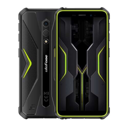 Ulefone Armor X12 Pro DS Smartphone, schwarz mit grünen Akzenten, Vorder- und Rückseite