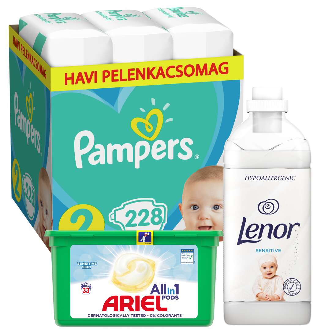 Pampers Active Baby havi Pelenkacsomag 4-8kg Mini 2 (228db) + Lenor Sensitive Öblítő 45 mosás 1360ml és Ariel Sensitive Allin1 Pods Mosókapszula 33db