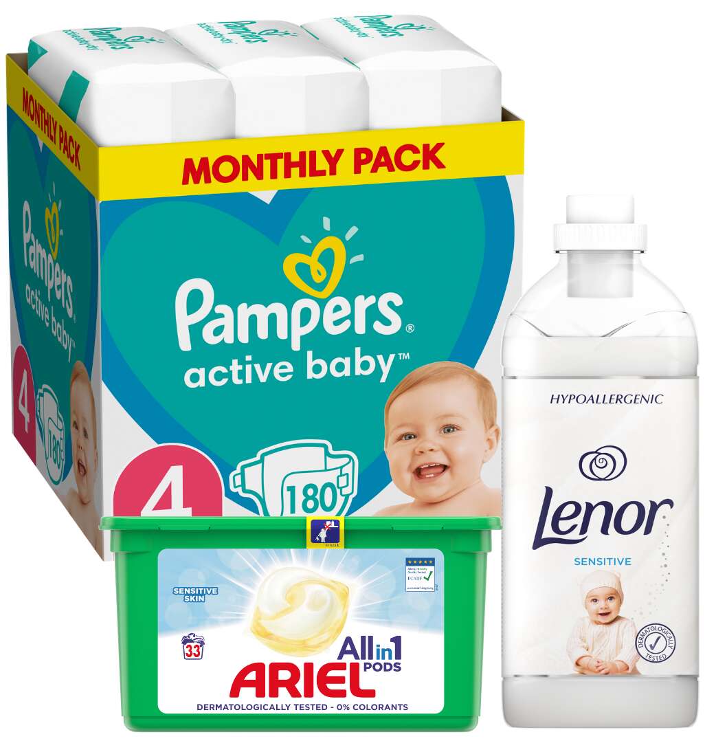 Pampers Active Baby havi Pelenkacsomag 9-14kg Maxi 4 (180db) + Lenor Sensitive Öblítő 45 mosás 1360ml és Ariel Sensitive Allin1 Pods Mosókapszula 33db