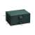 Elegant green jewelry box with dimensions, closed.