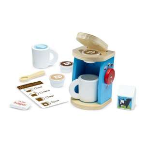 Melissa & Doug Wooden Brew & Serve Coffee Set, pretend play coffee maker with cups, sugar, creamer, and coffee pods - Toy kitchen tool