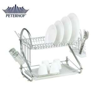 Peterhof Geschirr-Abtropfgestell, zweistöckig, verchromtes Metall, mit Besteckhalter, für Teller, Schüsseln, Tassen und Besteck - Abtropfgestell