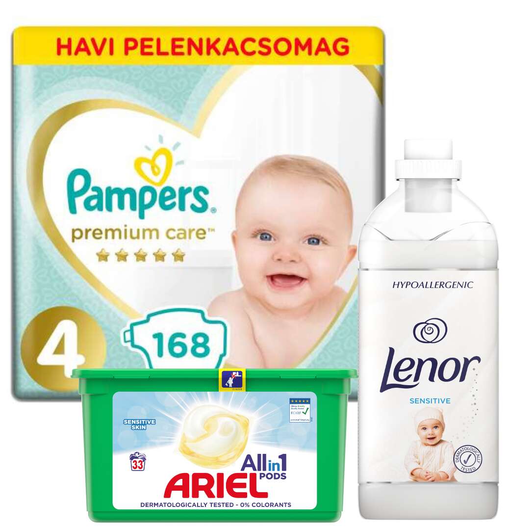 Pampers Premium Care havi Pelenkacsomag 9-14kg Maxi 4 (168db) + Lenor Sensitive Öblítő 45 mosás 1360ml és Ariel Sensitive Allin1 Pods Mosókapszula 33db