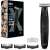 Braun Series XT3100 beard trimmer, black, with 3 combs, packaging, man using the trimmer