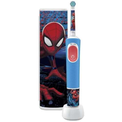 Elektrická zubná kefka Oral-B Pro Kids 3+ s dizajnom Spidermana, modrá a červená, s nabíjacou stanicou a cestovným puzdrom