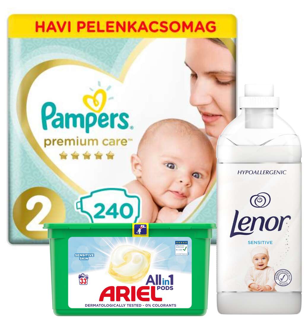 Pampers Premium Care havi Pelenkacsomag 4-8kg Mini 2 (240db) + Lenor Sensitive Öblítő 45 mosás 1360ml és Ariel Sensitive Allin1 Pods Mosókapszula 33db