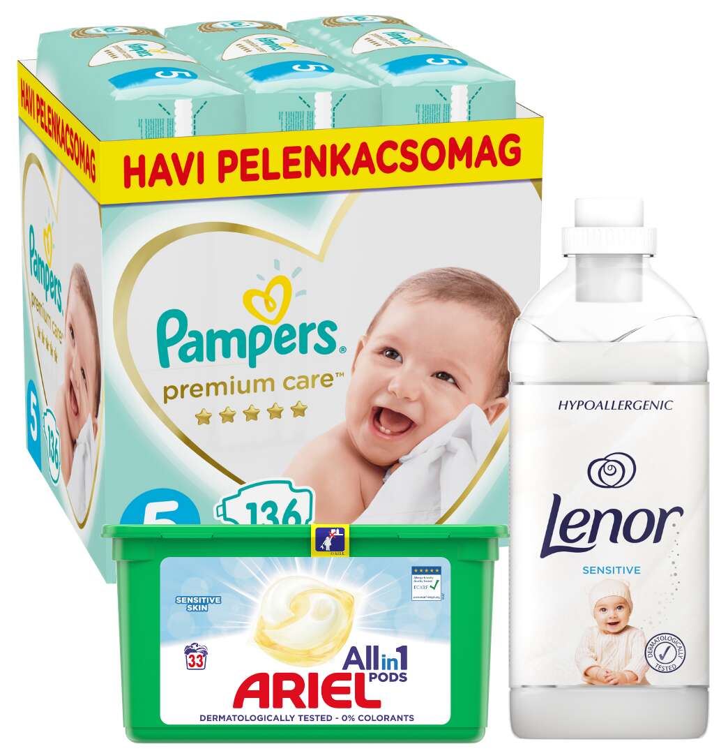 Pampers Premium Care havi Pelenkacsomag 11-16kg Junior 5 (136db) + Lenor Sensitive Öblítő 45 mosás 1360ml és Ariel Sensitive Allin1 Pods Mosókapszula 33db