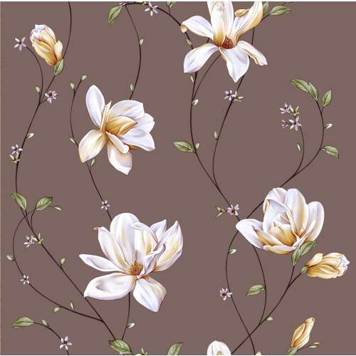 Simplex Álom Barna tapéta, virágmintás, fehér virágokkal barna alapon