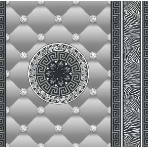 Simplex Eileen 3D grey wallpaper, featuring a quilted pattern with diamond-shaped buttons and a decorative border with a Greek key design and zebra print - Decoration