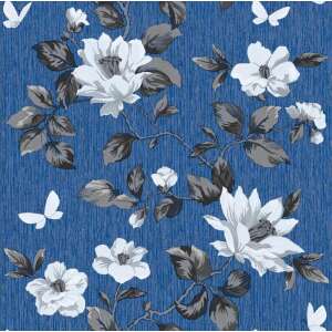 Simplex Taisiya blue floral wallpaper with white flowers and butterflies - Interior design