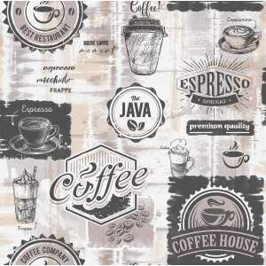 Tapet cu tematică de cafea, bej și maro, cu cești de cafea, boabe și text - Wallpaper