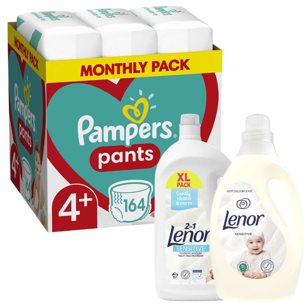 Pampers Pants havi Pelenkacsomag 9-15kg Maxi 4 + (164db) + Lenor Sensitive Öblítő 2,9l és Lenor Sensitive Folyékony Mosószer 3,685l 67 mosáshoz
