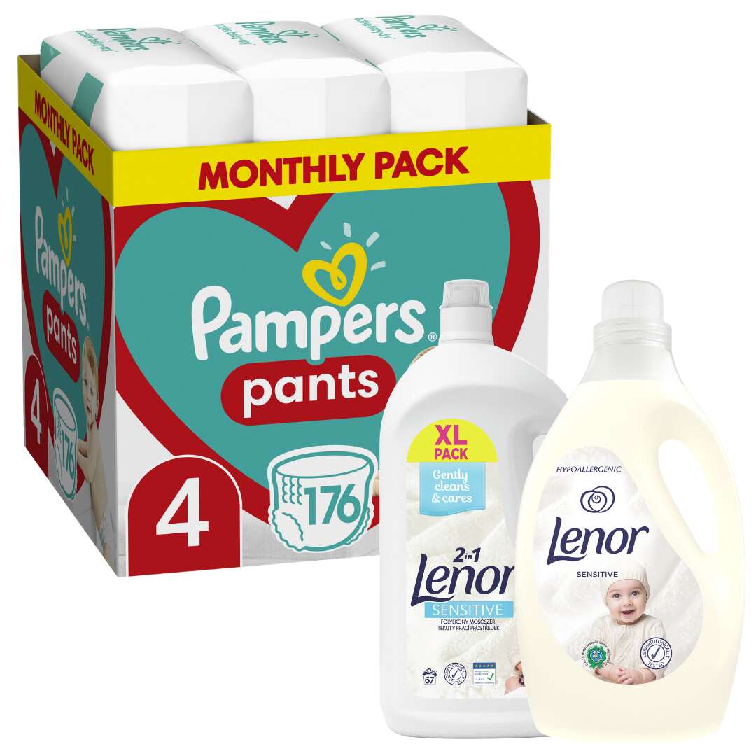 Pampers Pants havi Pelenkacsomag 9-15kg Maxi 4 (176db) + Lenor Sensitive Öblítő 2,9l és Lenor Sensitive Folyékony Mosószer 3,685l 67 mosáshoz