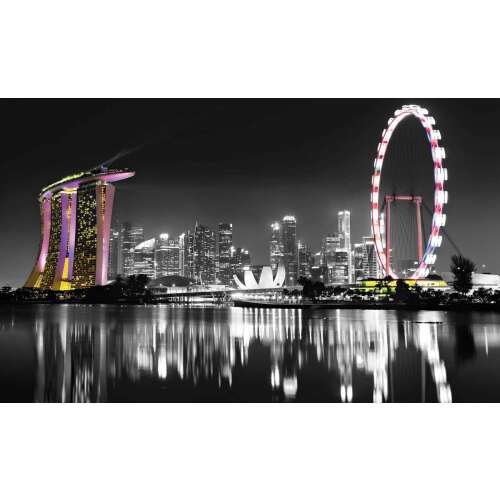 Szingapúr városkép fotótapéta, fekete-fehér, éjszakai látkép, Marina Bay Sands, Szingapúr óriáskerék, városkép - Tapéta